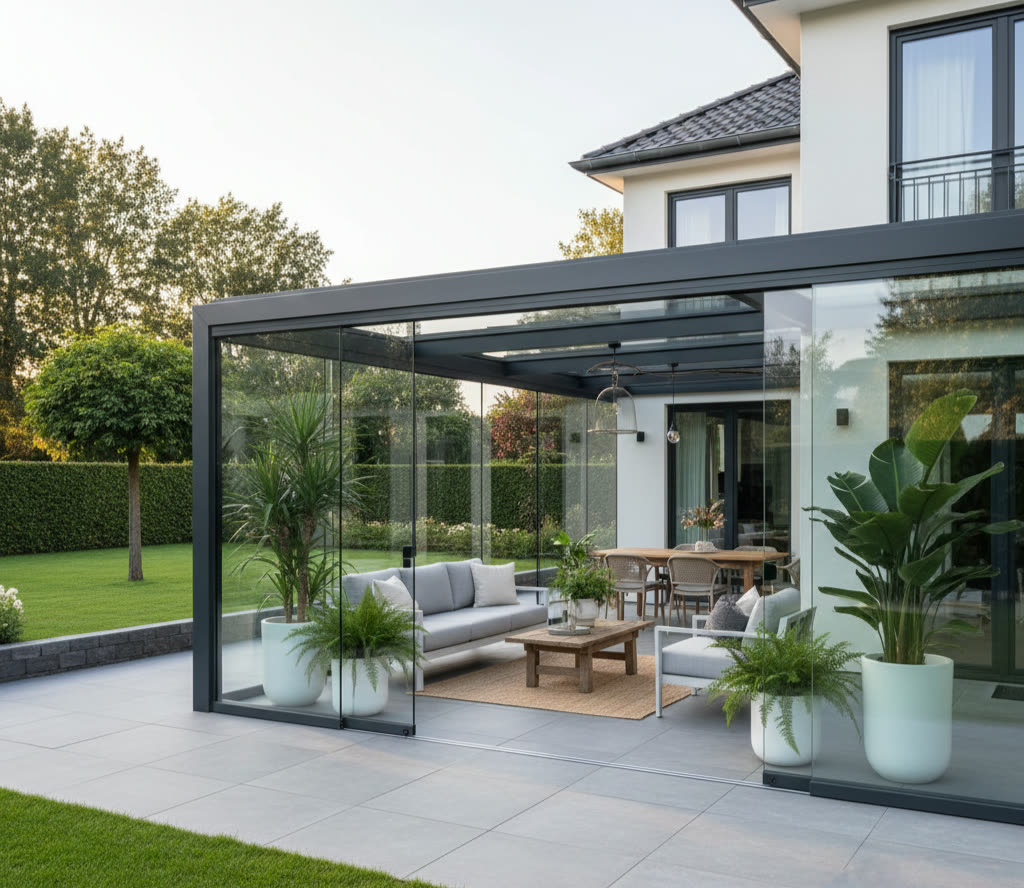 Glazen veranda met loungeset in de tuin
